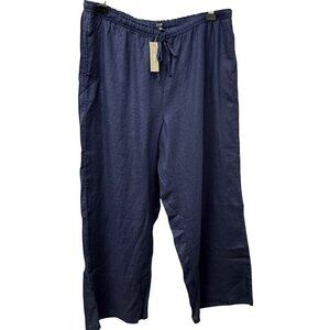 J. CREW Linen Pants XXL Navy Blue Wide Leg Drawstring Waist Casual Womens NWT